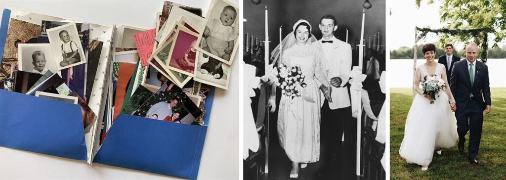 Three panels: folder containing family pictures, a black and white photo of an older wedding, and a color photo of a recent wedding